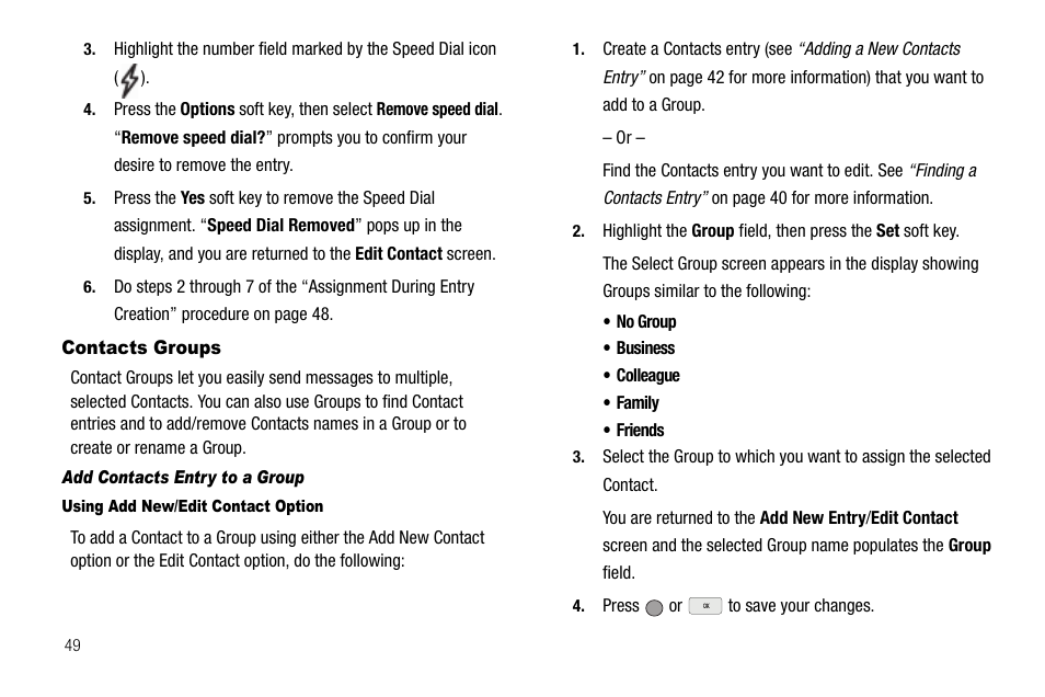 Contacts groups, Add contacts entry to a group, Using add new/edit contact option | Samsung SCH-R560ZPACRI User Manual | Page 52 / 167