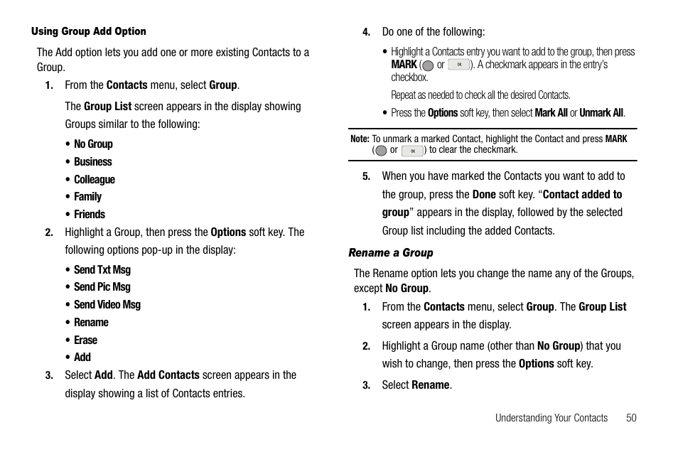 Using group add option, Rename a group | Samsung SCH-R560ZPACRI User Manual | Page 53 / 167