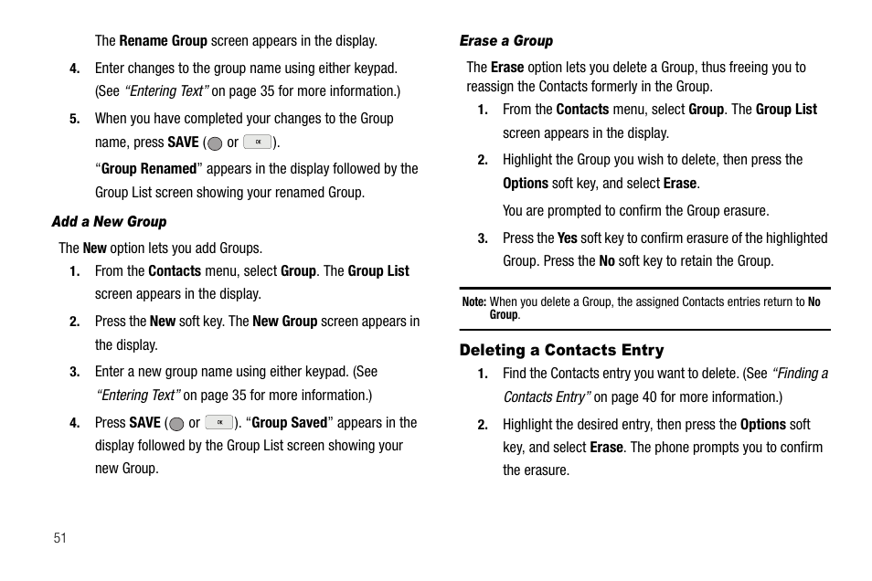 Add a new group, Erase a group, Deleting a contacts entry | Samsung SCH-R560ZPACRI User Manual | Page 54 / 167