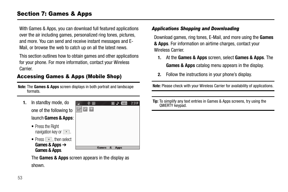 Section 7: games & apps, Accessing games & apps (mobile shop), Applications shopping and downloading | Samsung SCH-R560ZPACRI User Manual | Page 56 / 167