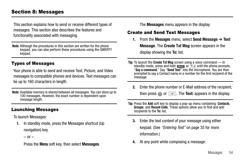 Section 8: messages, Types of messages, Launching messages | Create and send text messages | Samsung SCH-R560ZPACRI User Manual | Page 57 / 167