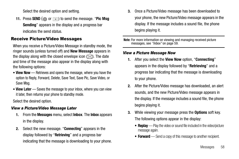 Receive picture/video messages, View a picture/video message later, View a picture message now | Samsung SCH-R560ZPACRI User Manual | Page 61 / 167