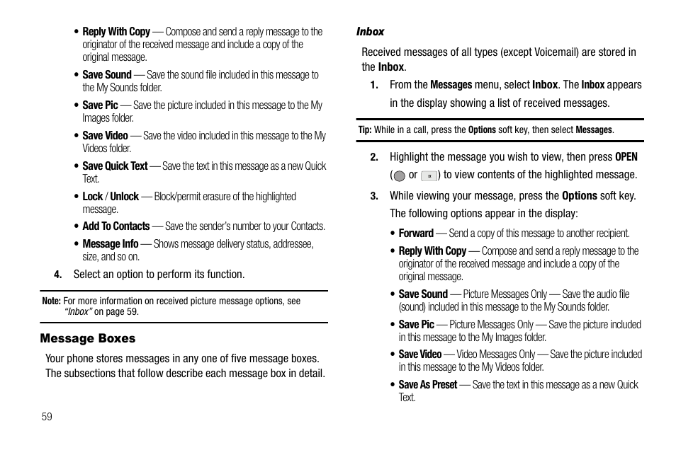 Message boxes, Inbox | Samsung SCH-R560ZPACRI User Manual | Page 62 / 167