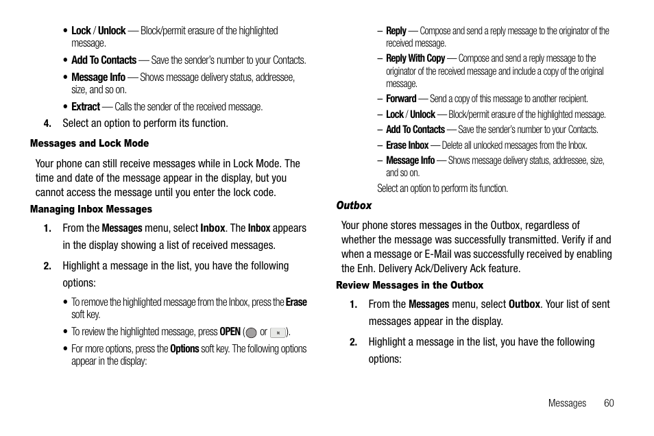 Messages and lock mode, Managing inbox messages, Outbox | Review messages in the outbox | Samsung SCH-R560ZPACRI User Manual | Page 63 / 167