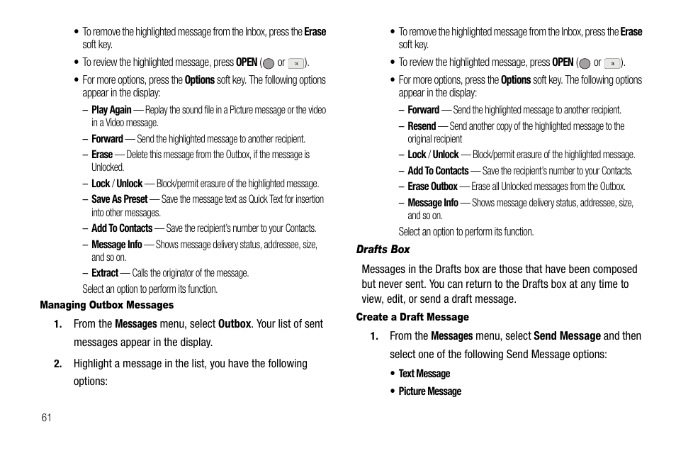 Managing outbox messages, Drafts box, Create a draft message | Samsung SCH-R560ZPACRI User Manual | Page 64 / 167
