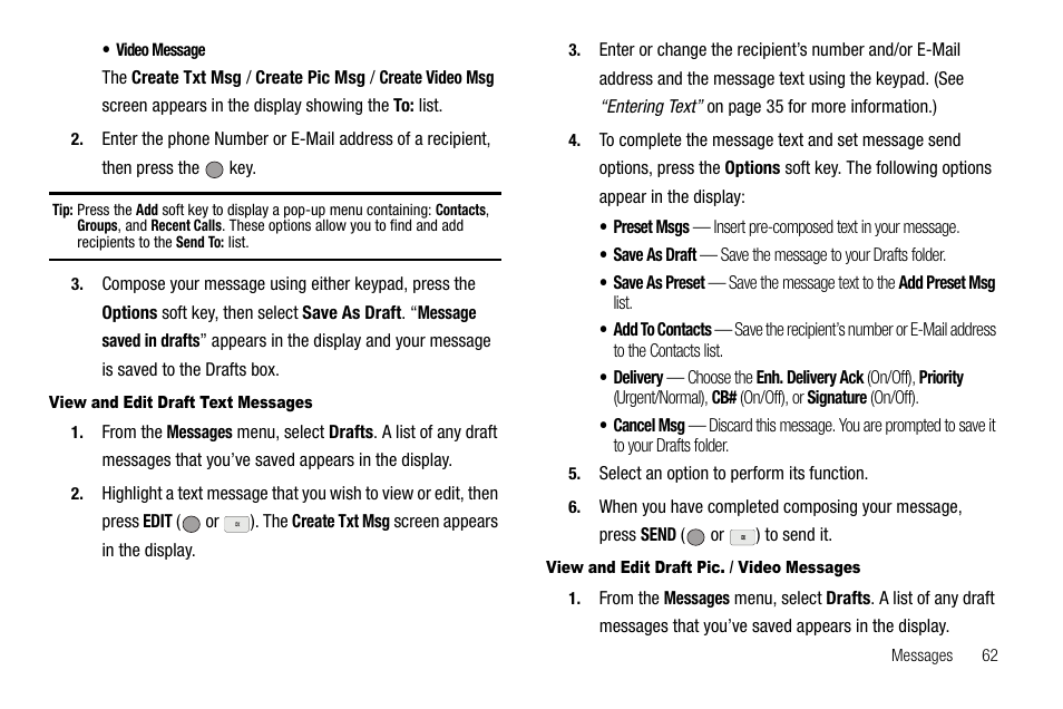View and edit draft text messages, View and edit draft pic. / video messages | Samsung SCH-R560ZPACRI User Manual | Page 65 / 167