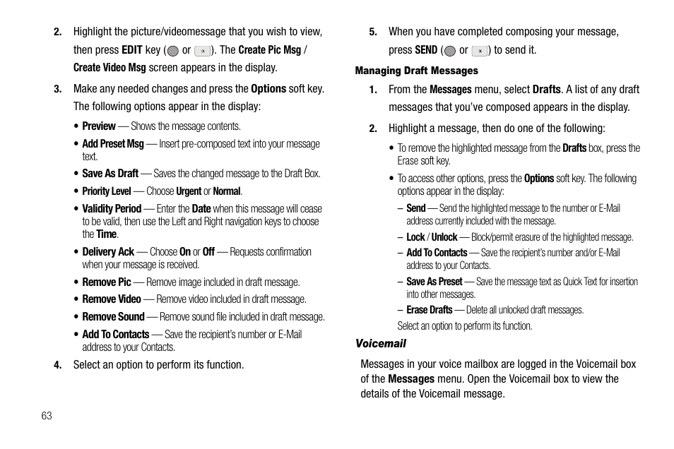 Managing draft messages, Voicemail | Samsung SCH-R560ZPACRI User Manual | Page 66 / 167