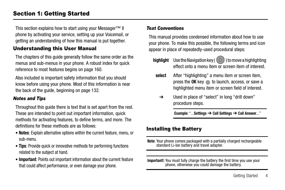 Section 1: getting started, Understanding this user manual, Notes and tips | Text conventions, Installing the battery | Samsung SCH-R560ZPACRI User Manual | Page 7 / 167