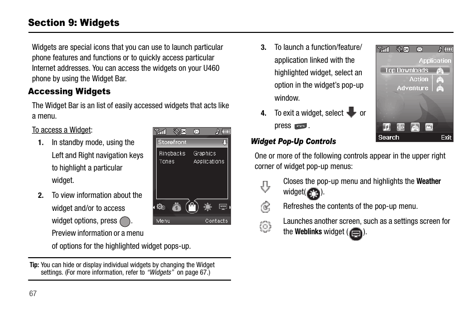 Section 9: widgets, Accessing widgets, Widget pop-up controls | Samsung SCH-R560ZPACRI User Manual | Page 70 / 167