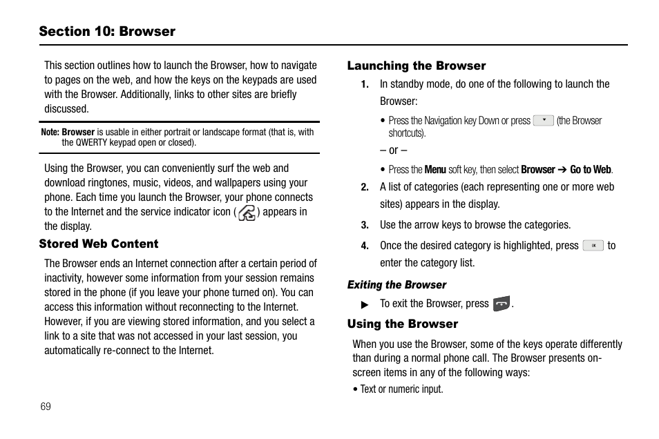 Section 10: browser, Stored web content, Launching the browser | Exiting the browser, Using the browser, For a contact. (for more | Samsung SCH-R560ZPACRI User Manual | Page 72 / 167