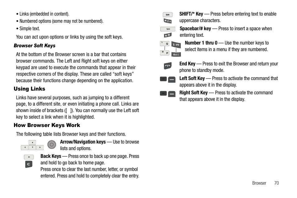 Browser soft keys, Using links, How browser keys work | Using links how browser keys work | Samsung SCH-R560ZPACRI User Manual | Page 73 / 167