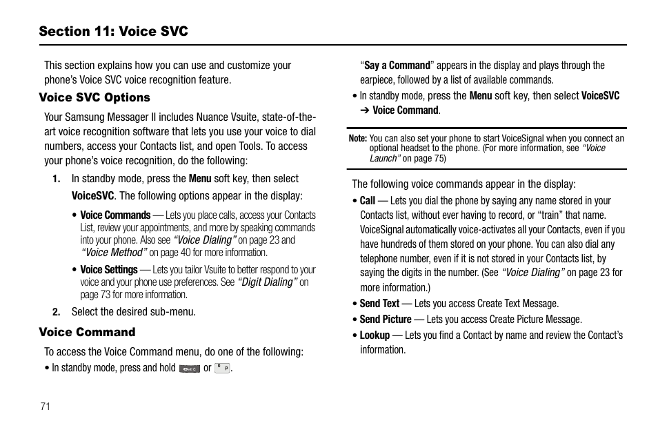 Section 11: voice svc, Voice svc options, Voice command | Voice svc options voice command | Samsung SCH-R560ZPACRI User Manual | Page 74 / 167