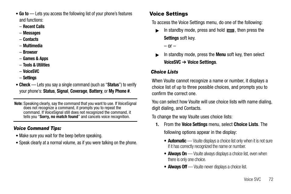 Voice command tips, Voice settings, Choice lists | Samsung SCH-R560ZPACRI User Manual | Page 75 / 167