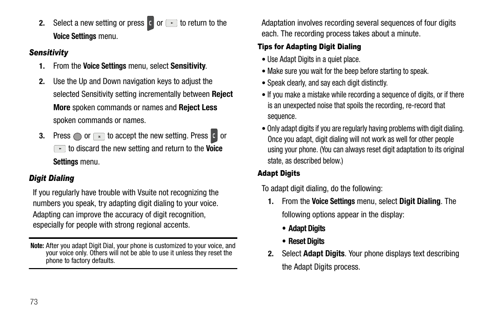 Sensitivity, Digit dialing, Tips for adapting digit dialing | Adapt digits | Samsung SCH-R560ZPACRI User Manual | Page 76 / 167