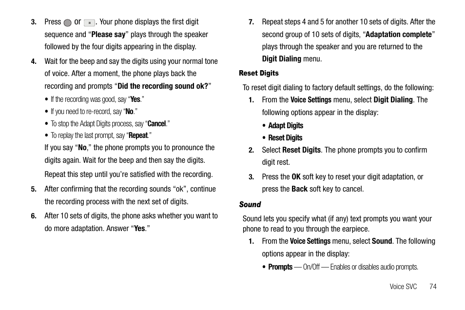 Reset digits, Sound | Samsung SCH-R560ZPACRI User Manual | Page 77 / 167