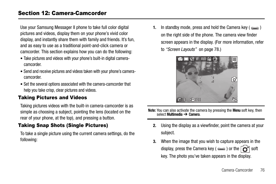 Section 12: camera-camcorder, Taking pictures and videos, Taking snap shots (single pictures) | Camera | Samsung SCH-R560ZPACRI User Manual | Page 79 / 167