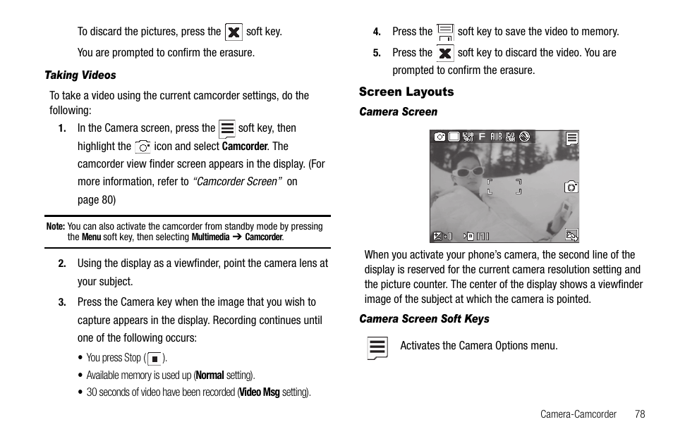 Taking videos, Screen layouts, Camera screen | Camera screen soft keys | Samsung SCH-R560ZPACRI User Manual | Page 81 / 167