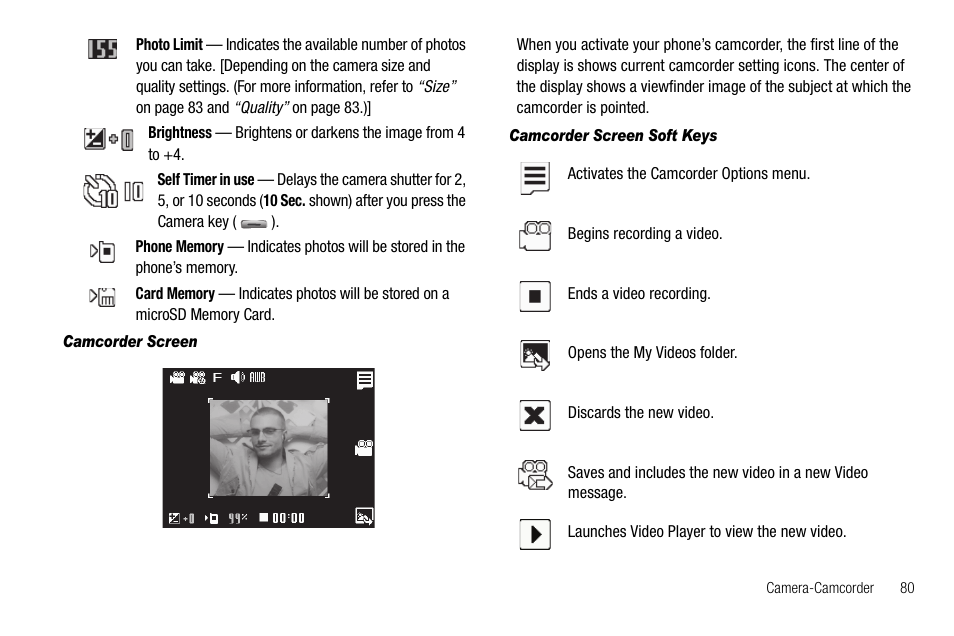 Camcorder screen, Camcorder screen soft keys | Samsung SCH-R560ZPACRI User Manual | Page 83 / 167