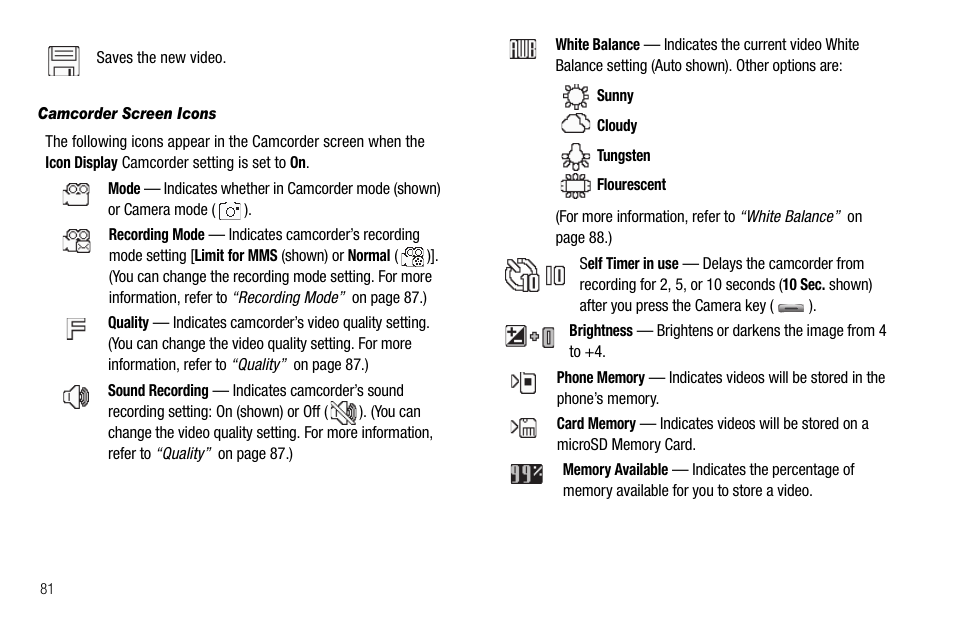 Camcorder screen icons | Samsung SCH-R560ZPACRI User Manual | Page 84 / 167