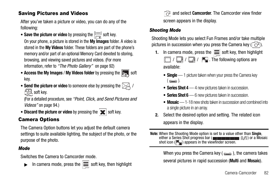Saving pictures and videos, Camera options, Mode | Shooting mode, Saving pictures and videos camera options | Samsung SCH-R560ZPACRI User Manual | Page 85 / 167