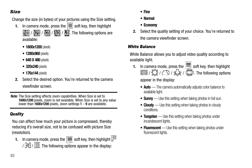 Size, Quality, White balance | Samsung SCH-R560ZPACRI User Manual | Page 86 / 167