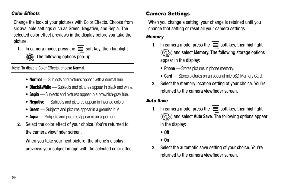 Color effects, Camera settings, Memory | Auto save | Samsung SCH-R560ZPACRI User Manual | Page 88 / 167