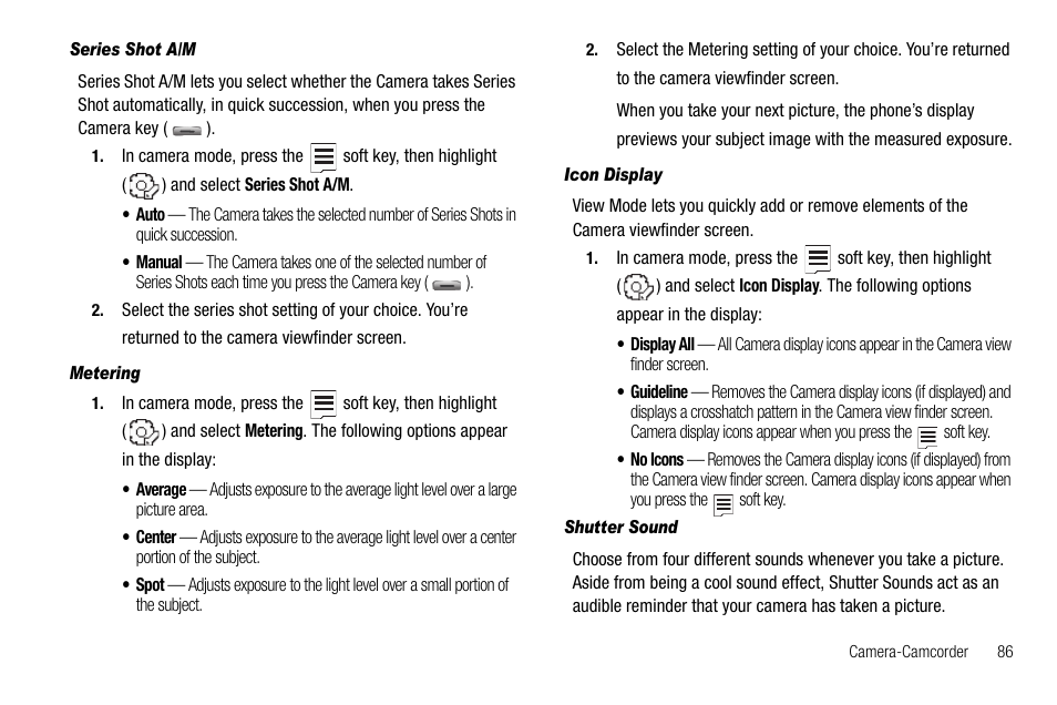 Series shot a/m, Metering, Icon display | Shutter sound | Samsung SCH-R560ZPACRI User Manual | Page 89 / 167