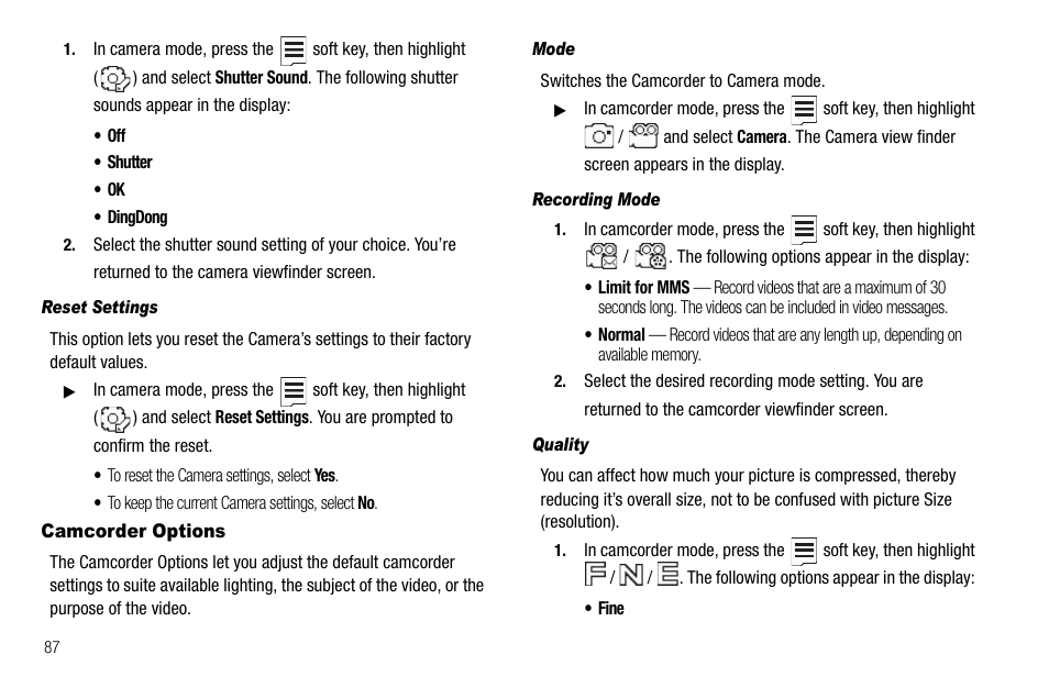 Reset settings, Camcorder options, Mode | Recording mode, Quality | Samsung SCH-R560ZPACRI User Manual | Page 90 / 167