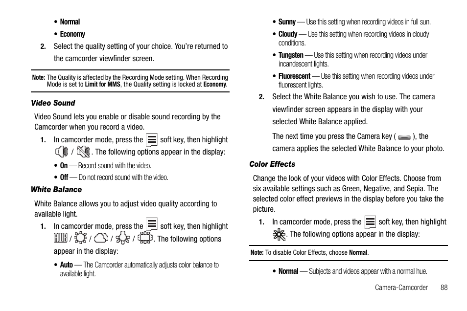 Video sound, White balance, Color effects | Samsung SCH-R560ZPACRI User Manual | Page 91 / 167