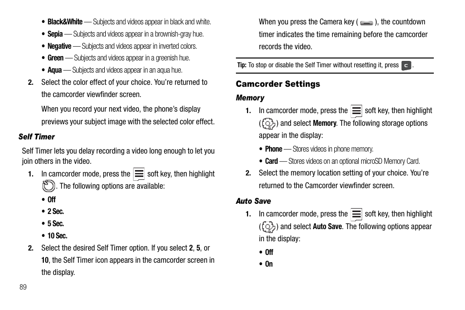 Self timer, Camcorder settings, Memory | Auto save | Samsung SCH-R560ZPACRI User Manual | Page 92 / 167