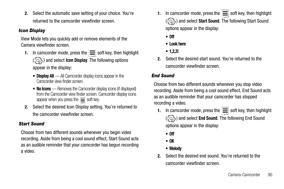 Icon display, Start sound, End sound | Samsung SCH-R560ZPACRI User Manual | Page 93 / 167