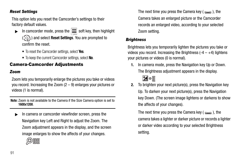 Reset settings, Camera-camcorder adjustments, Zoom | Brightness | Samsung SCH-R560ZPACRI User Manual | Page 94 / 167