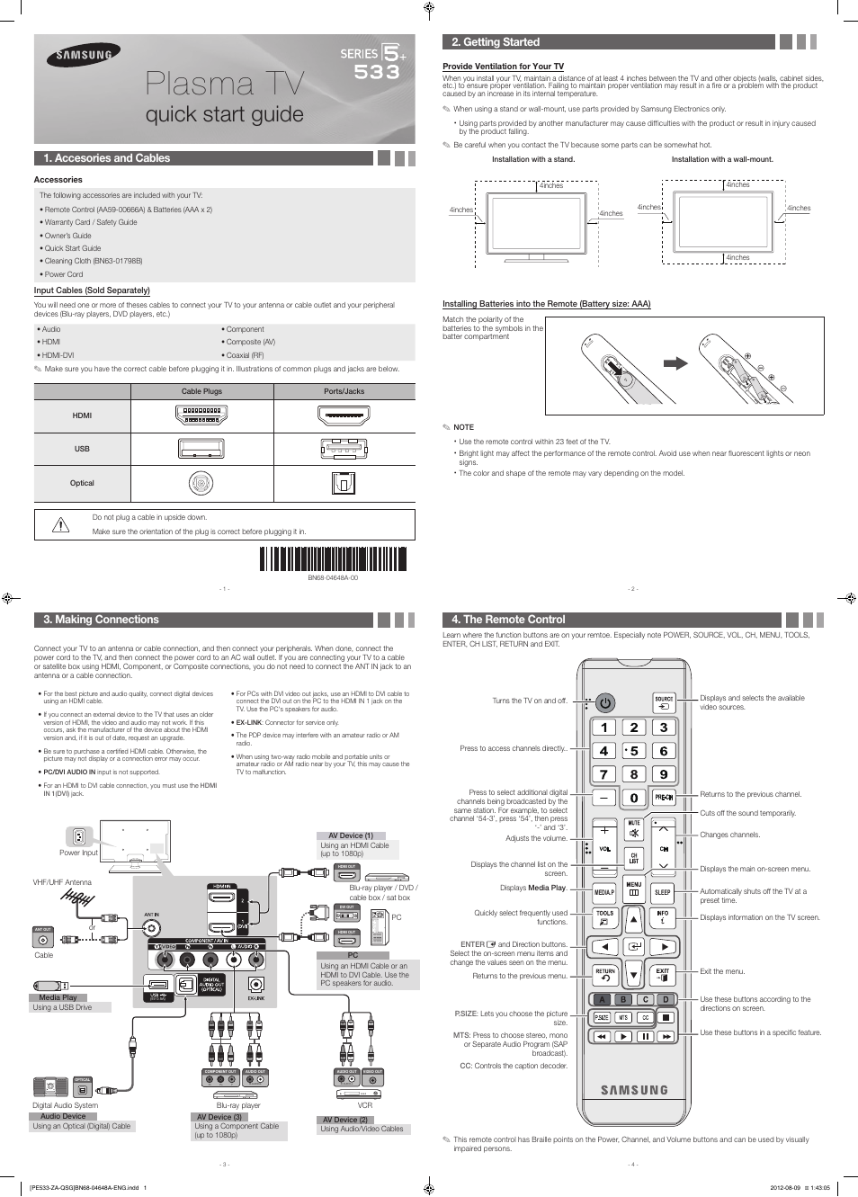Samsung PN64E533D2FXZA User Manual | 2 pages