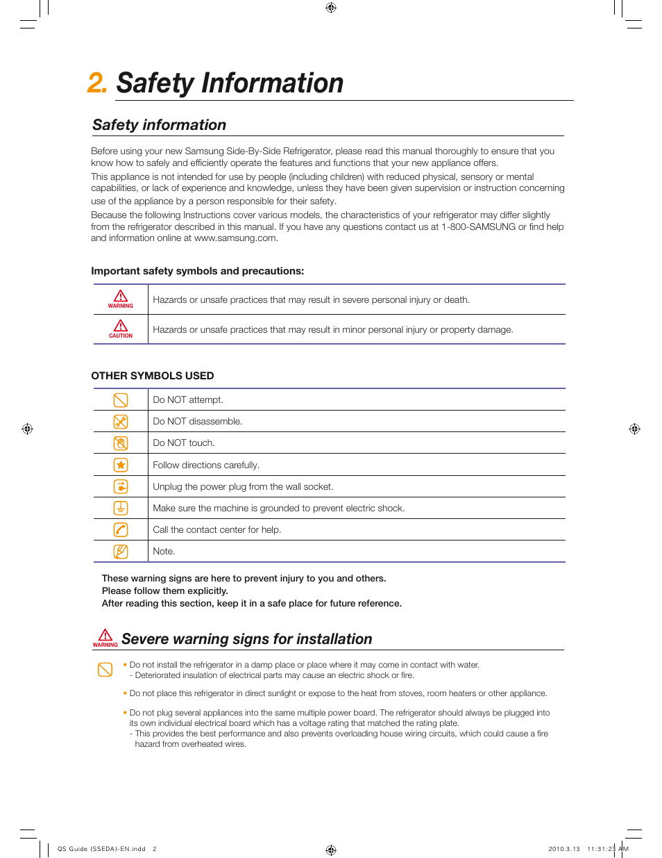 Safety information, Severe warning signs for installation | Samsung RS267TDWP-XAA User Manual | Page 2 / 10