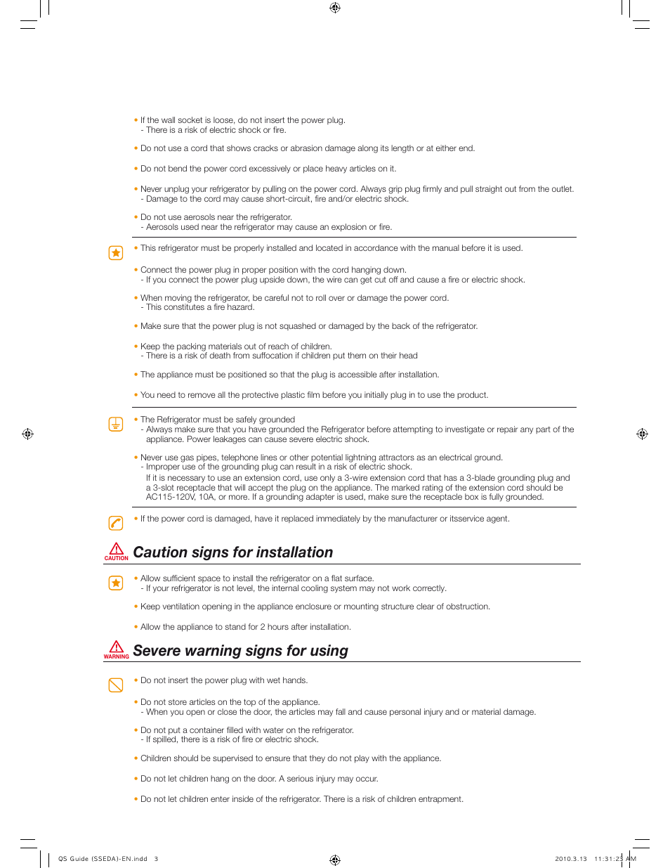 Caution signs for installation, Severe warning signs for using | Samsung RS267TDWP-XAA User Manual | Page 3 / 10