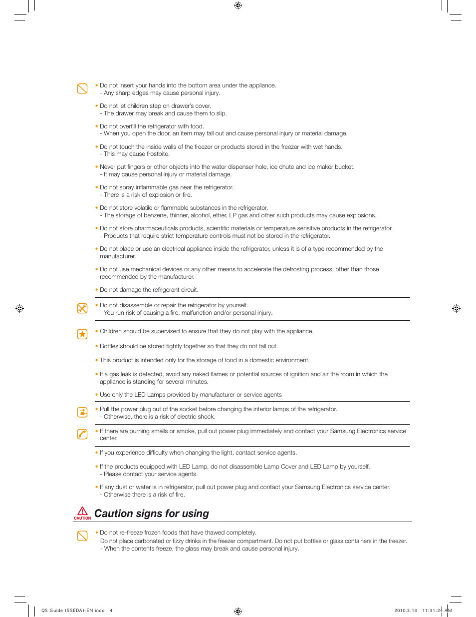 Caution signs for using | Samsung RS267TDWP-XAA User Manual | Page 4 / 10