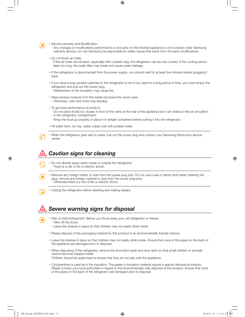 Caution signs for cleaning, Severe warning signs for disposal | Samsung RS267TDWP-XAA User Manual | Page 5 / 10