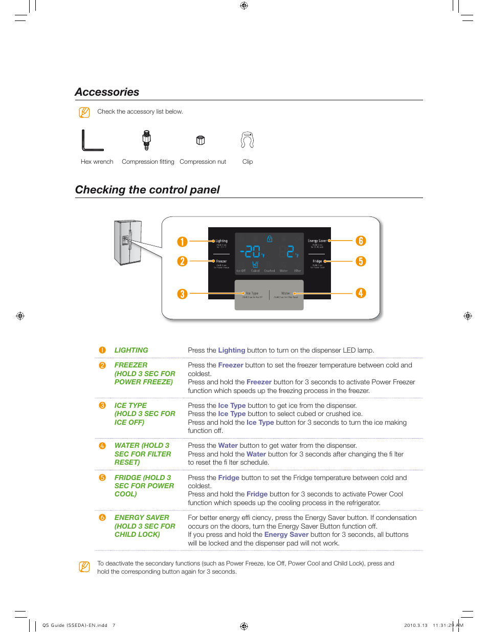 Accessories checking the control panel | Samsung RS267TDWP-XAA User Manual | Page 7 / 10