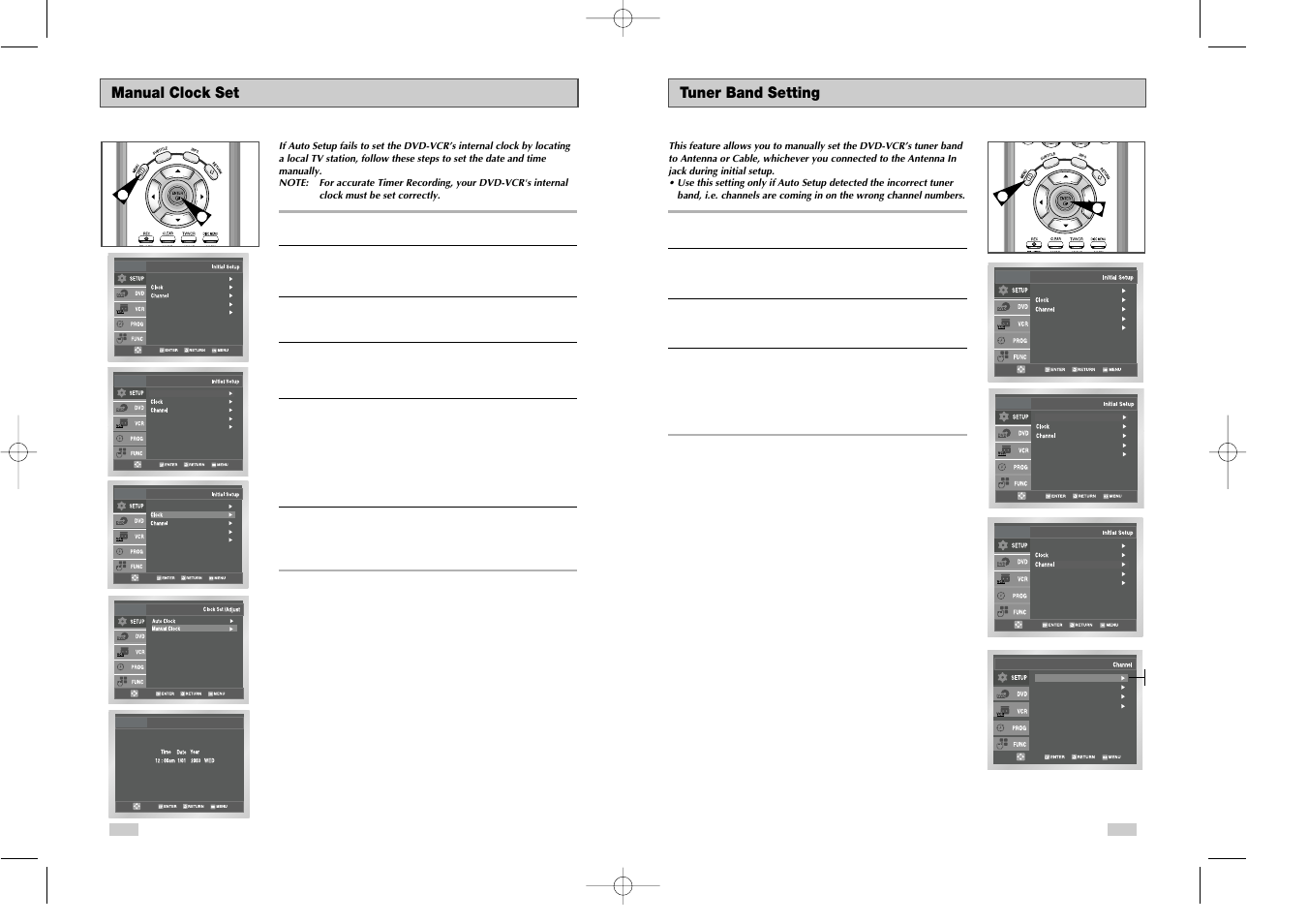 Tuner band setting, Manual clock set | Samsung DVDV3800V-XAA User Manual | Page 10 / 35