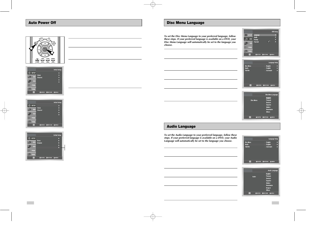 Audio language, Disc menu language, Auto power off | Samsung DVDV3800V-XAA User Manual | Page 13 / 35