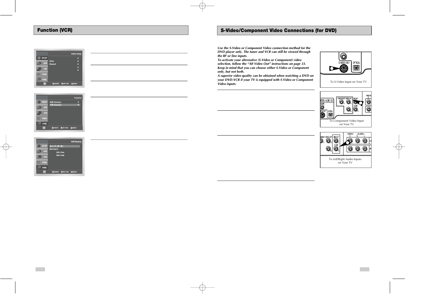 S-video/component video connections (for dvd), Function (vcr) | Samsung DVDV3800V-XAA User Manual | Page 32 / 35