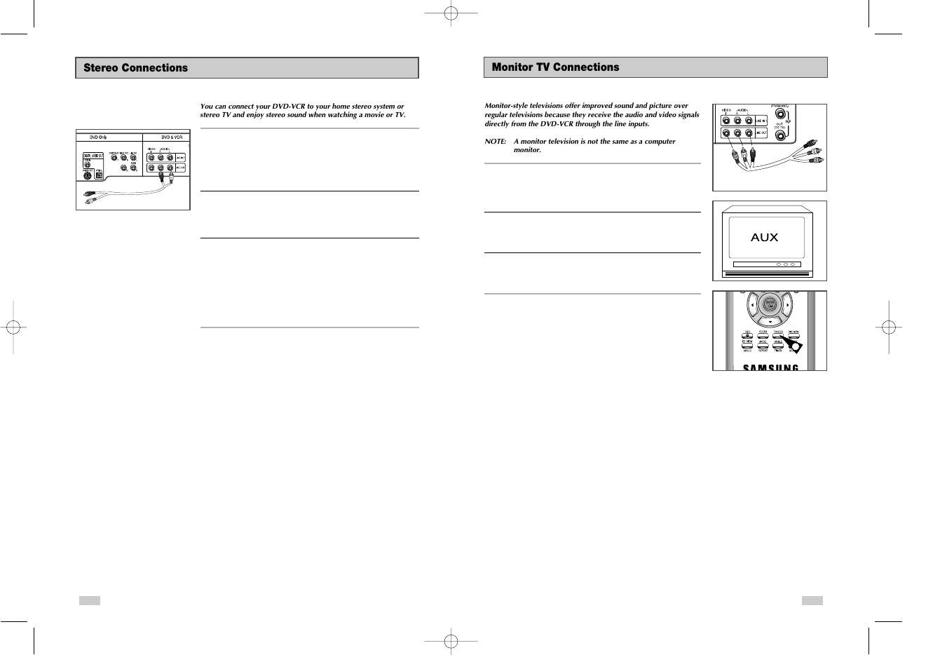 Monitor tv connections, Stereo connections | Samsung DVDV3800V-XAA User Manual | Page 33 / 35