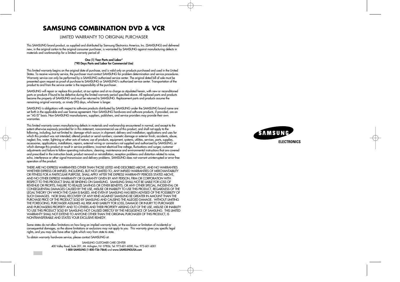 Samsung combination dvd & vcr, Samsung electronics america, inc | Samsung DVDV3800V-XAA User Manual | Page 35 / 35