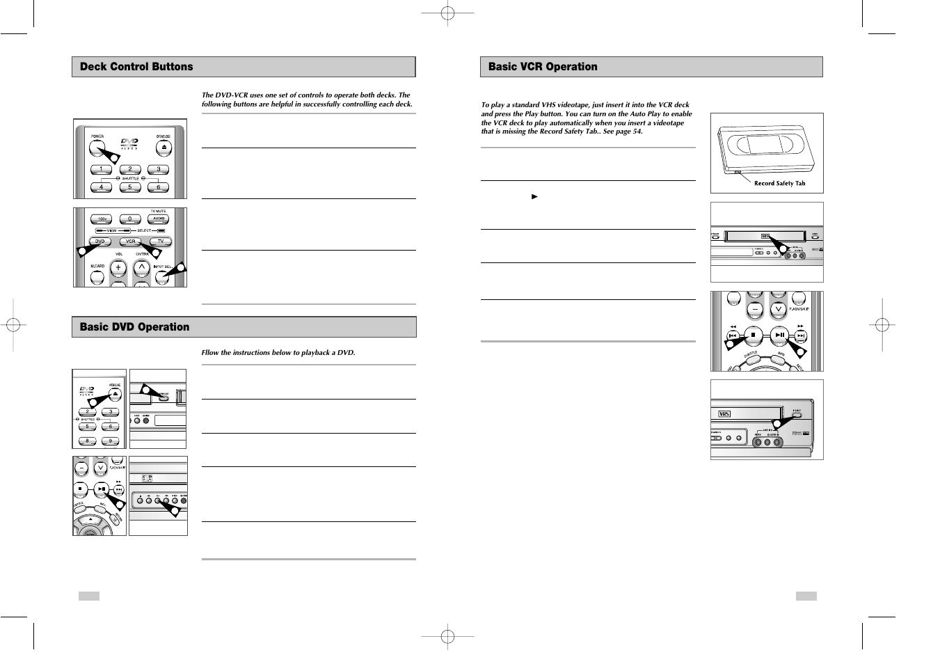 Eject dvd/vcr progressive, Basic vcr operation, Deck control buttons | Basic dvd operation | Samsung DVDV3800V-XAA User Manual | Page 8 / 35