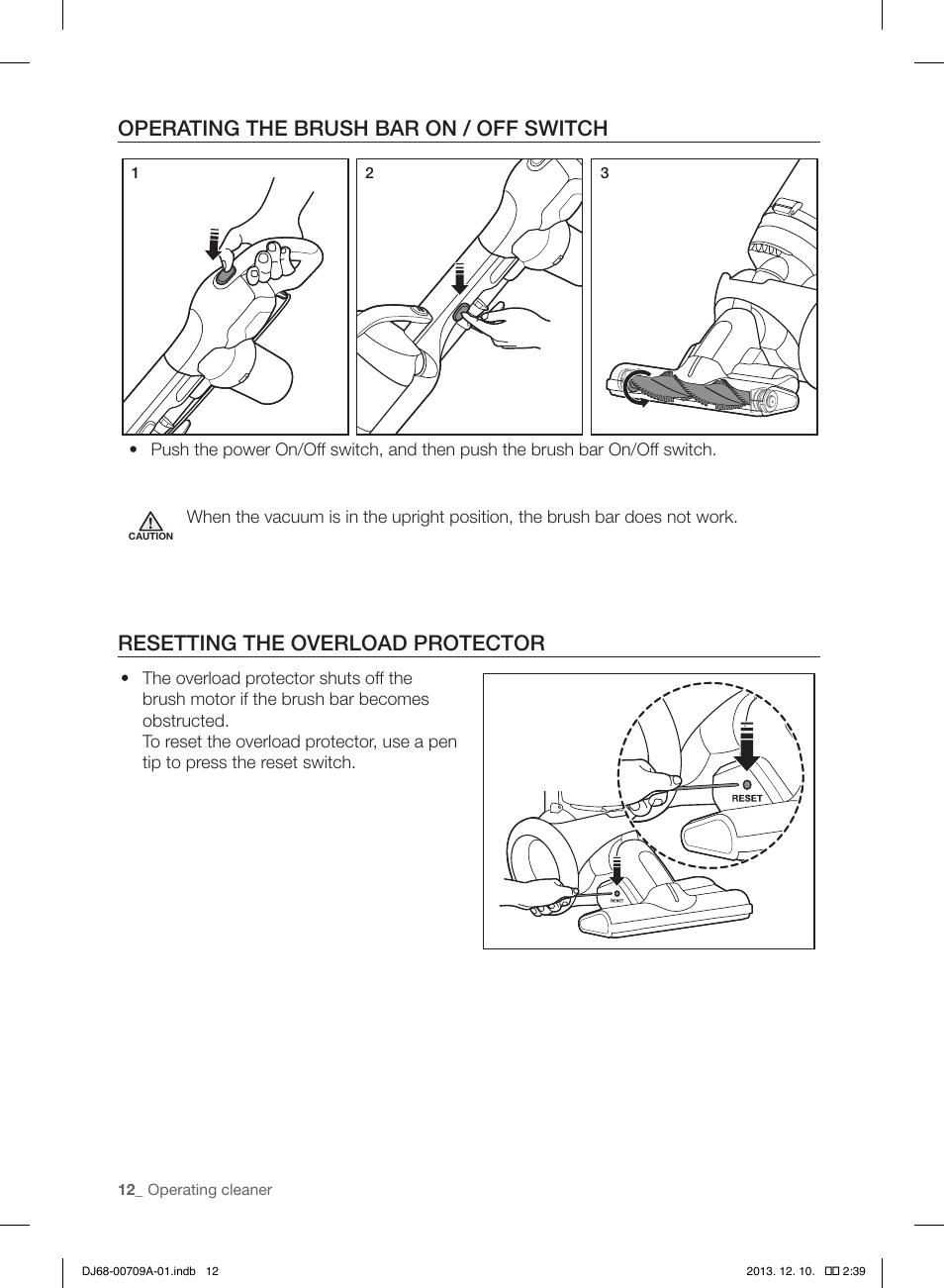 Operating the brush bar on / off switch, Resetting the overload protector | Samsung VU12F70SHDC-AC User Manual | Page 12 / 84