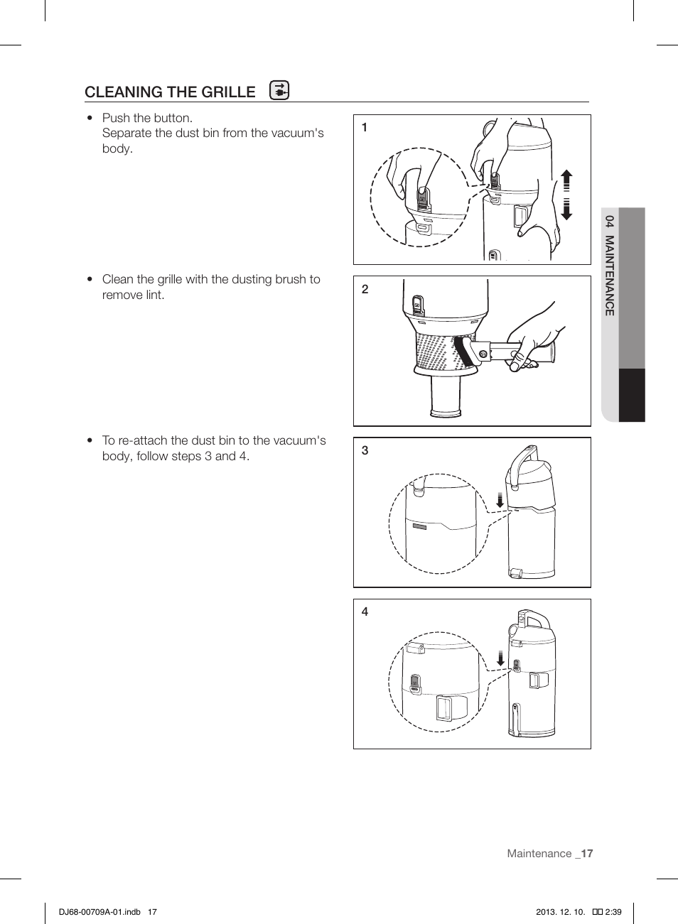 Cleaning the grille | Samsung VU12F70SHDC-AC User Manual | Page 17 / 84