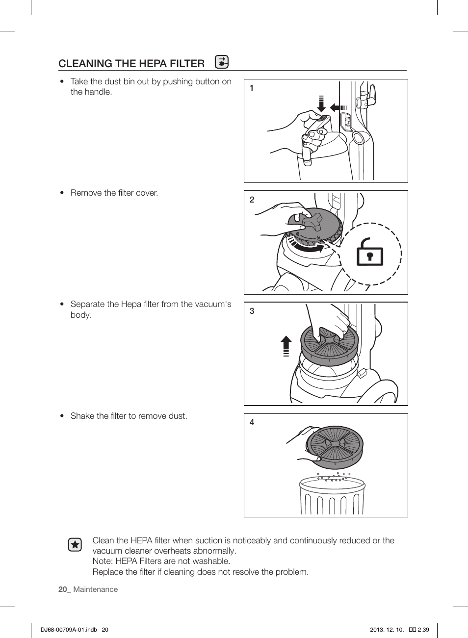 Cleaning the hepa filter | Samsung VU12F70SHDC-AC User Manual | Page 20 / 84