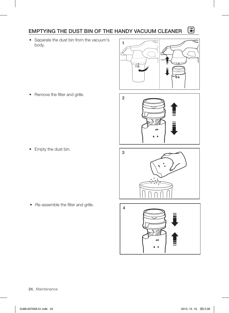 Emptying the dust bin of the handy vacuum cleaner | Samsung VU12F70SHDC-AC User Manual | Page 24 / 84