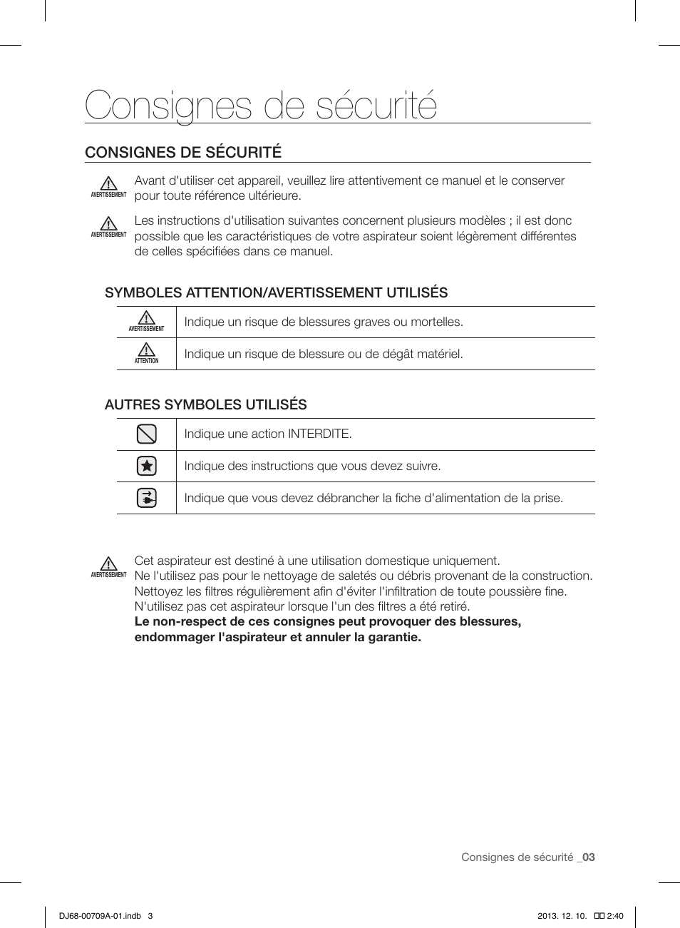 Consignes de sécurité | Samsung VU12F70SHDC-AC User Manual | Page 31 / 84