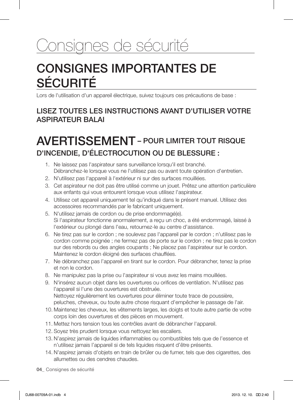 Consignes de sécurité, Consignes importantes de sécurité, Avertissement | Samsung VU12F70SHDC-AC User Manual | Page 32 / 84
